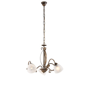 Lampadario Forgiato 3 Luci Ferro Marrone E Oro Vetro Bianco