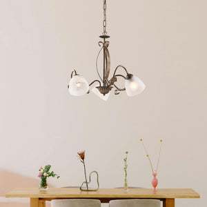 Lampadario Forgiato 3 Luci Ferro Marrone E Oro Vetro Bianco