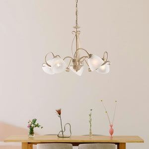 Lampadario Classico Forgiato 5 Luci Ferro Avorio E Oro Vetro Bianco