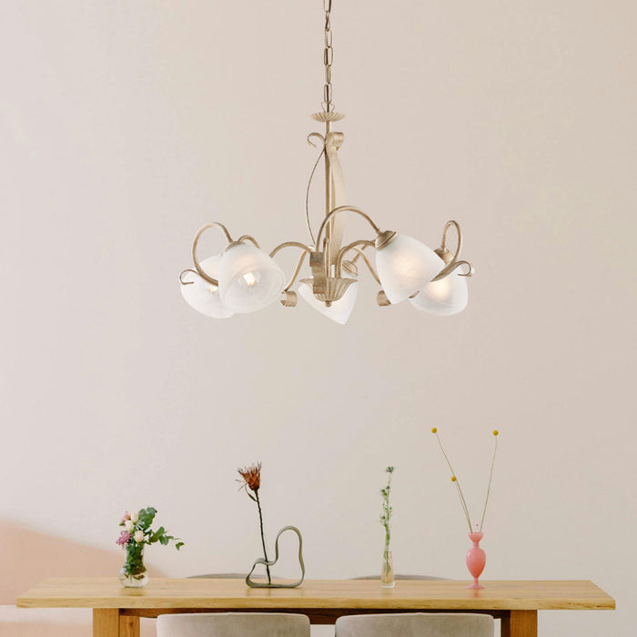Lampadario Classico Forgiato 5 Luci Ferro Avorio E Oro Vetro Bianco