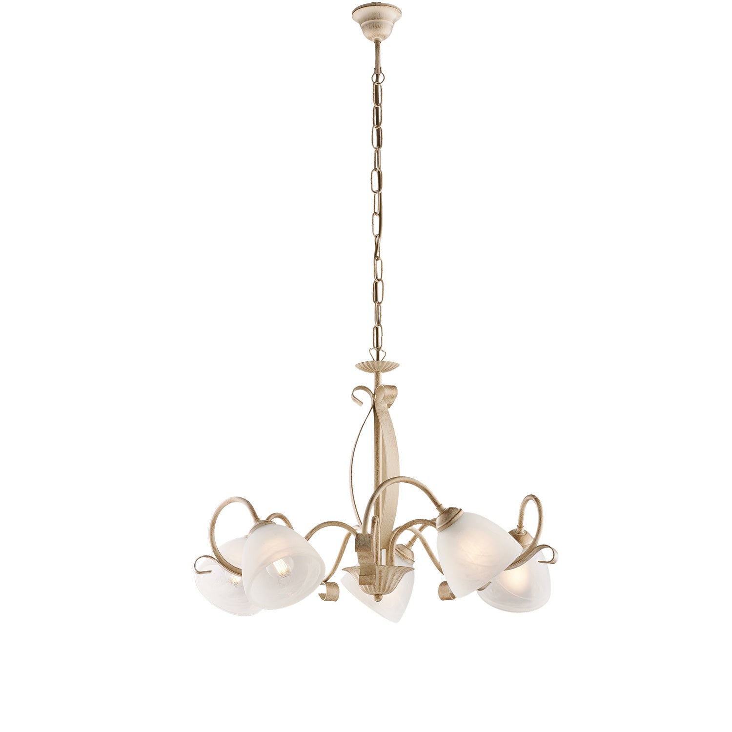 Lampadario Classico Forgiato 5 Luci Ferro Avorio E Oro Vetro Bianco