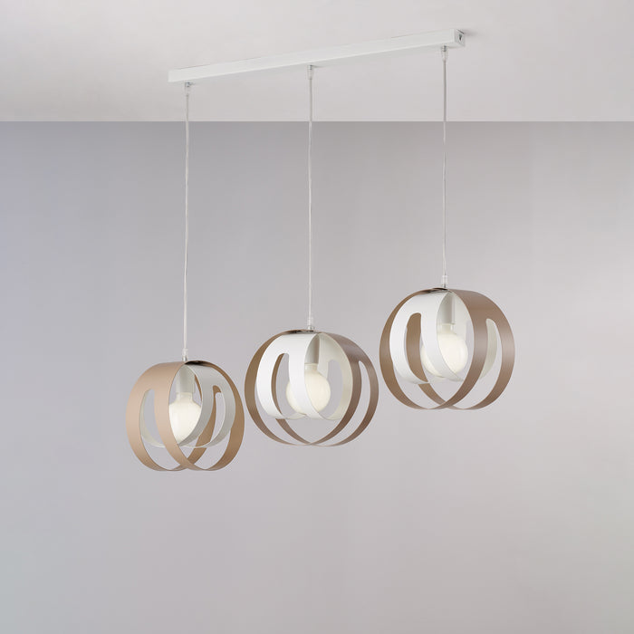 Tobias Sospensione con rosone rettangolare e diffusori taglio laser in ferro laccato bianco e tortora con cavo elettrico regolabile 3 luci