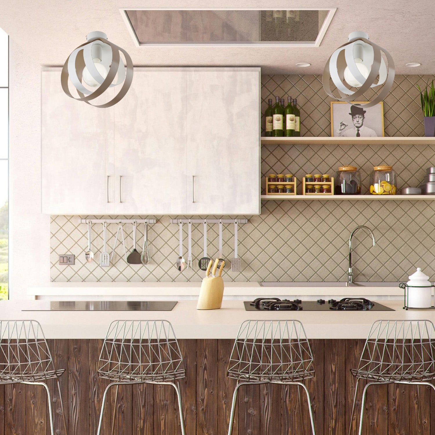 Plafoniera 1 Luce Tobias Ferro Laccato Bianco E Tortora Taglio Laser