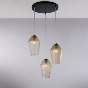 Prisma Sospensione in ferro laccato nero con cavi elettrici regolabili e diffusori in vetro soffiato ambra con dec. in rilievo 3 luci 135 Ø47