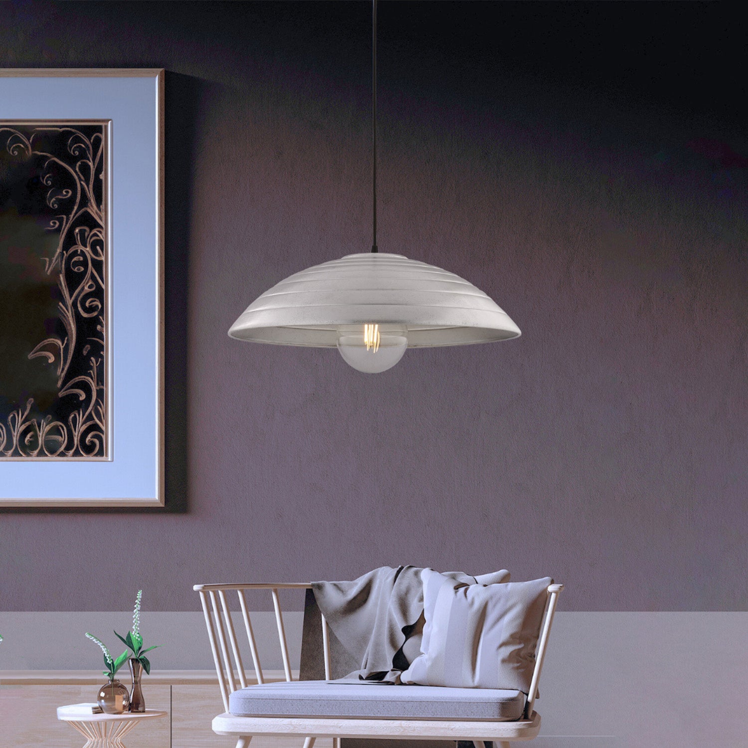 Sospensione 1 Luce Sender In Ferro Laccato Nero Con Decoro Argento