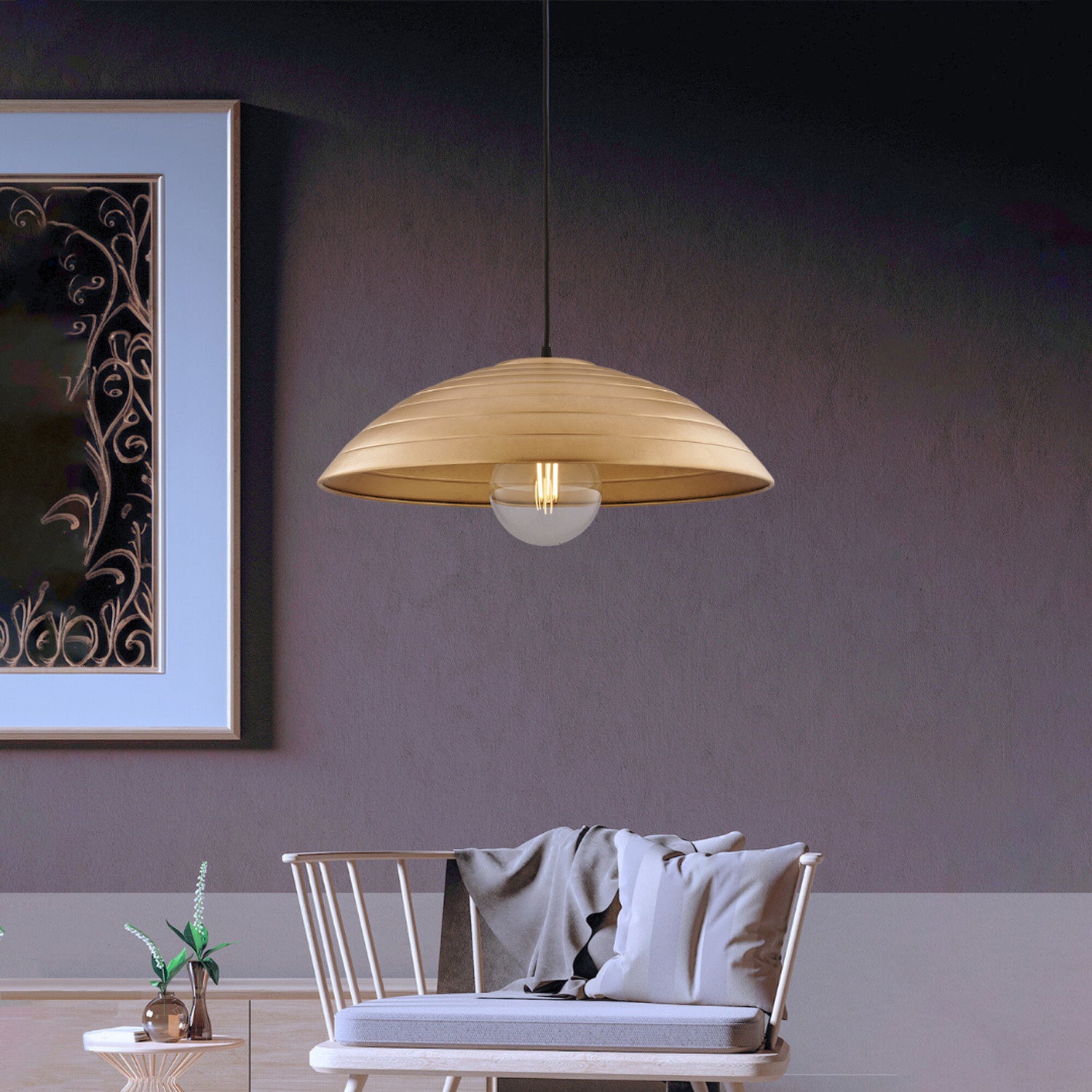 Sospensione 1 Luce Sender In Ferro Laccato Nero Con Decoro Oro