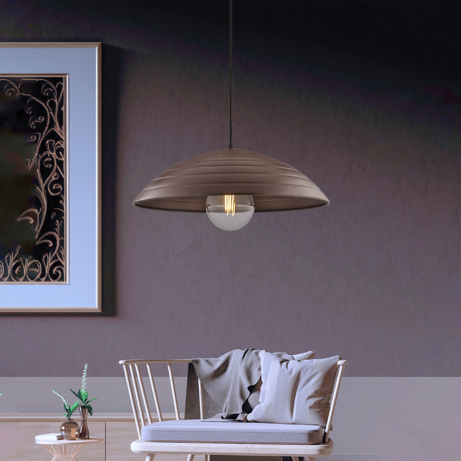 Sospensione 1 Luce Sender In Ferro Laccato Nero Con Decoro Ruggine