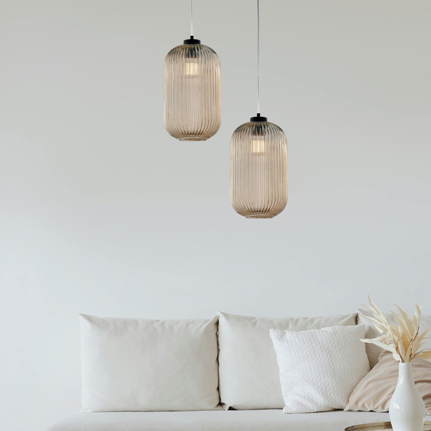 Sospensione 1 Luce Krizia In Ferro Bianco E Vetro Ambra Effetto Plisse'