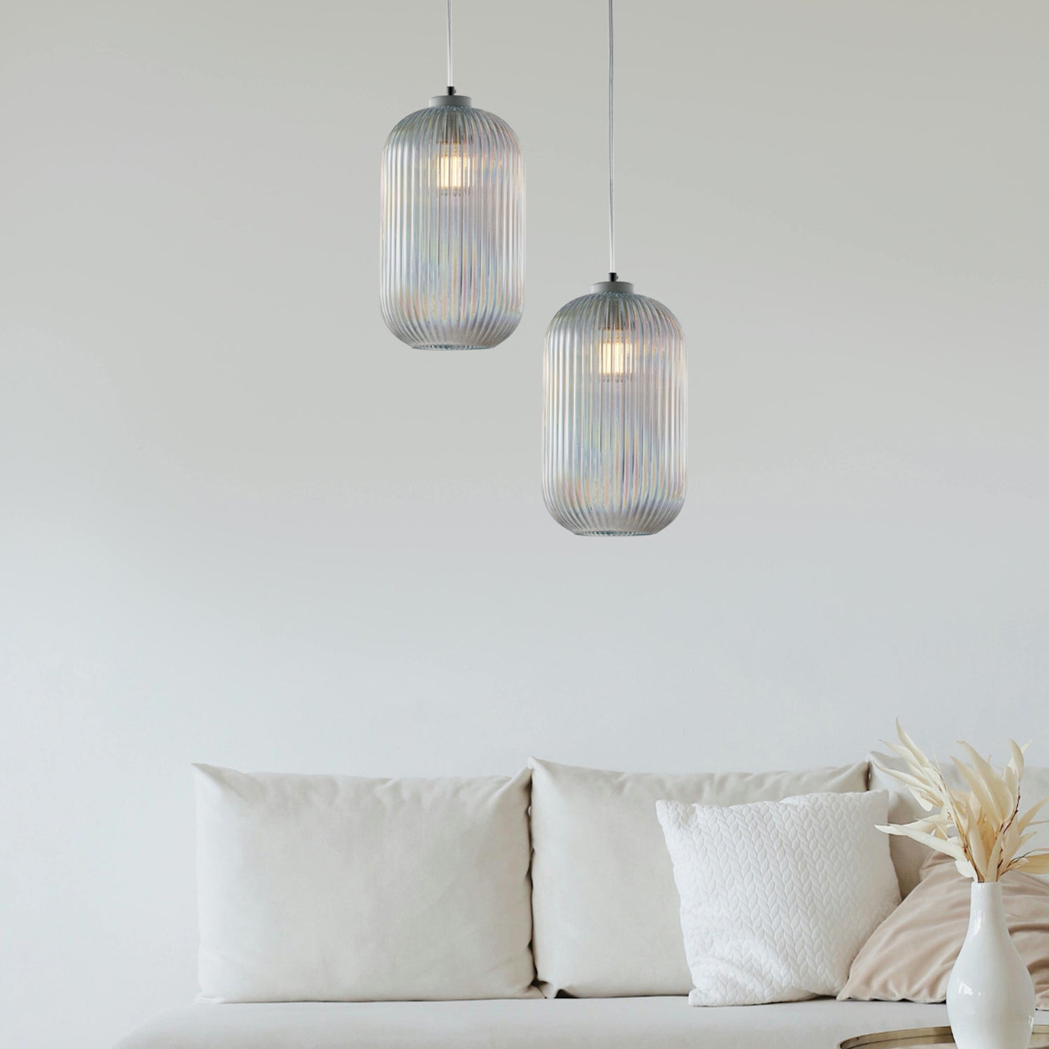 Sospensione 1 Luce Krizia In Ferro Bianco E Vetro Trasparente Effetto Plisse'