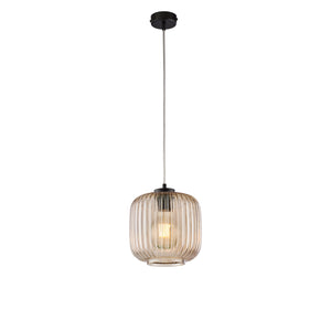 Sospensione 1 Luce Anya In Ferro Nero E Vetro Ambra Plisse'