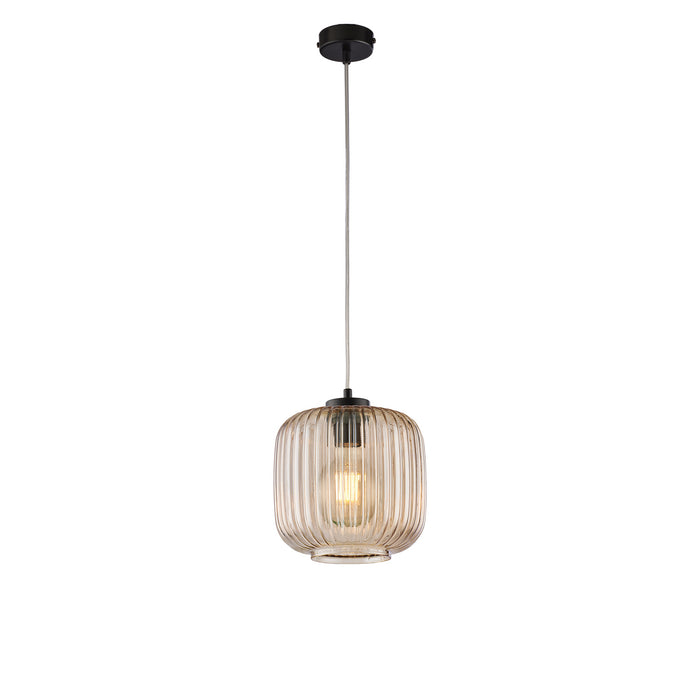 Sospensione 1 Luce Anya In Ferro Nero E Vetro Ambra Plisse'