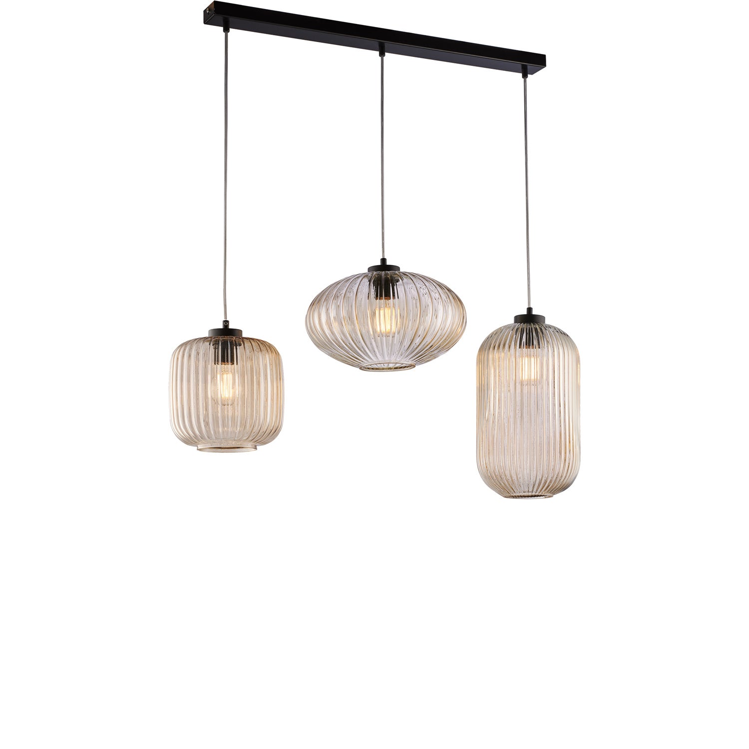 Sospensione 3 Luci Glamour Con Binario E Vetro Soffiato Ambra Plissettato