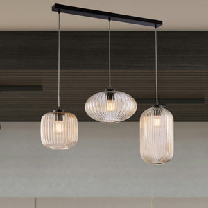 Sospensione 3 Luci Glamour Con Binario E Vetro Soffiato Ambra Plissettato