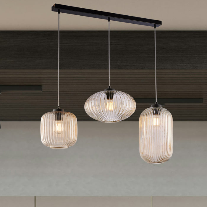 Sospensione 3 Luci Glamour Con Binario E Vetro Soffiato Ambra Plissettato