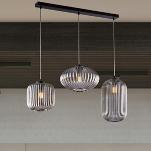 Sospensione 3 Luci Glamour Con Binario E Vetro Soffiato Grigio Specchiato