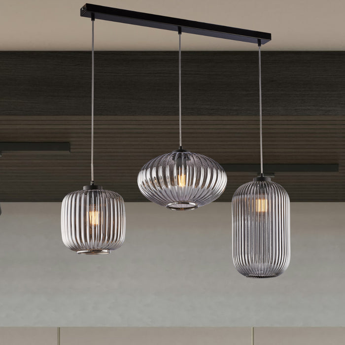 Sospensione 3 Luci Glamour Con Binario E Vetro Soffiato Grigio Specchiato