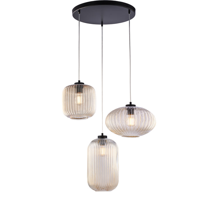 Sospensione 3 Luci Glamour Vetro Soffiato Ambra Plissettato