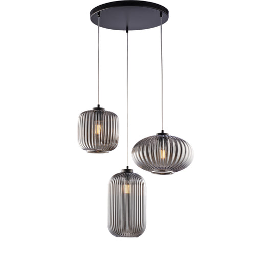 Sospensione 3 Luci Glamour Vetro Soffiato Grigio Specchiato Plissettato