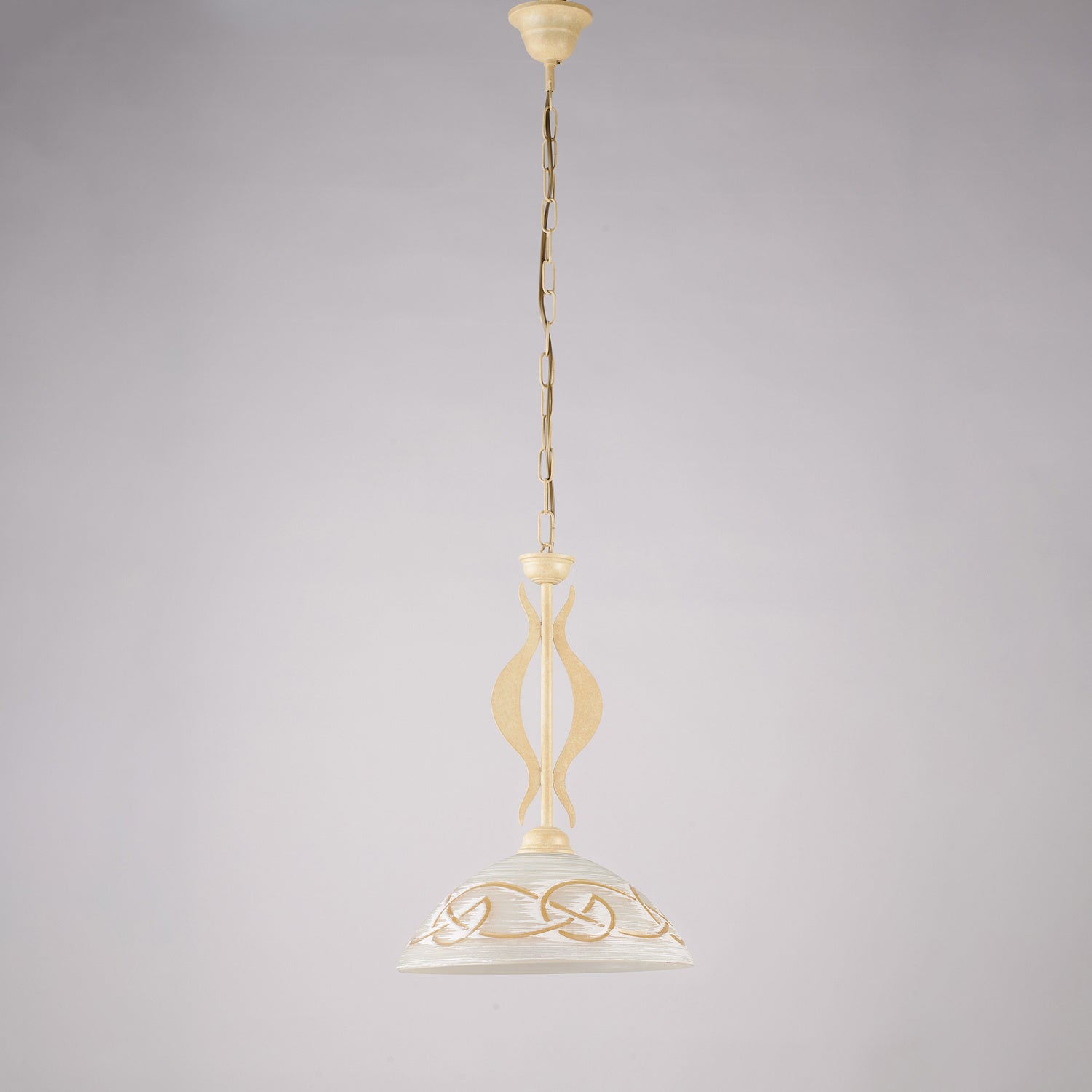 Sospensione 1 Luce Bilbao In Ferro Laccato Avorio E Vetro Bianco Ambra