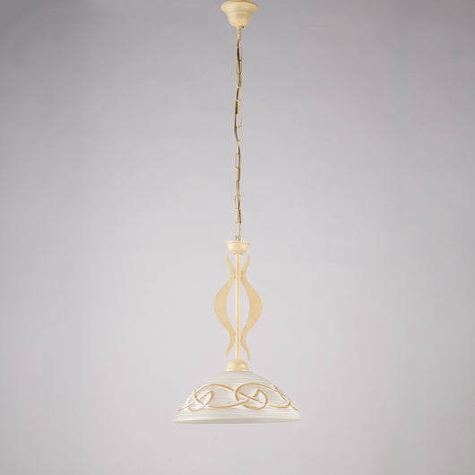 Sospensione 1 Luce Bilbao In Ferro Laccato Avorio E Vetro Bianco Ambra