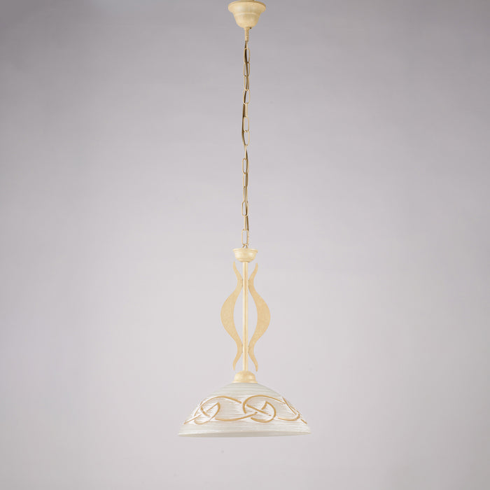 Sospensione 1 Luce Bilbao In Ferro Laccato Avorio E Vetro Bianco Ambra