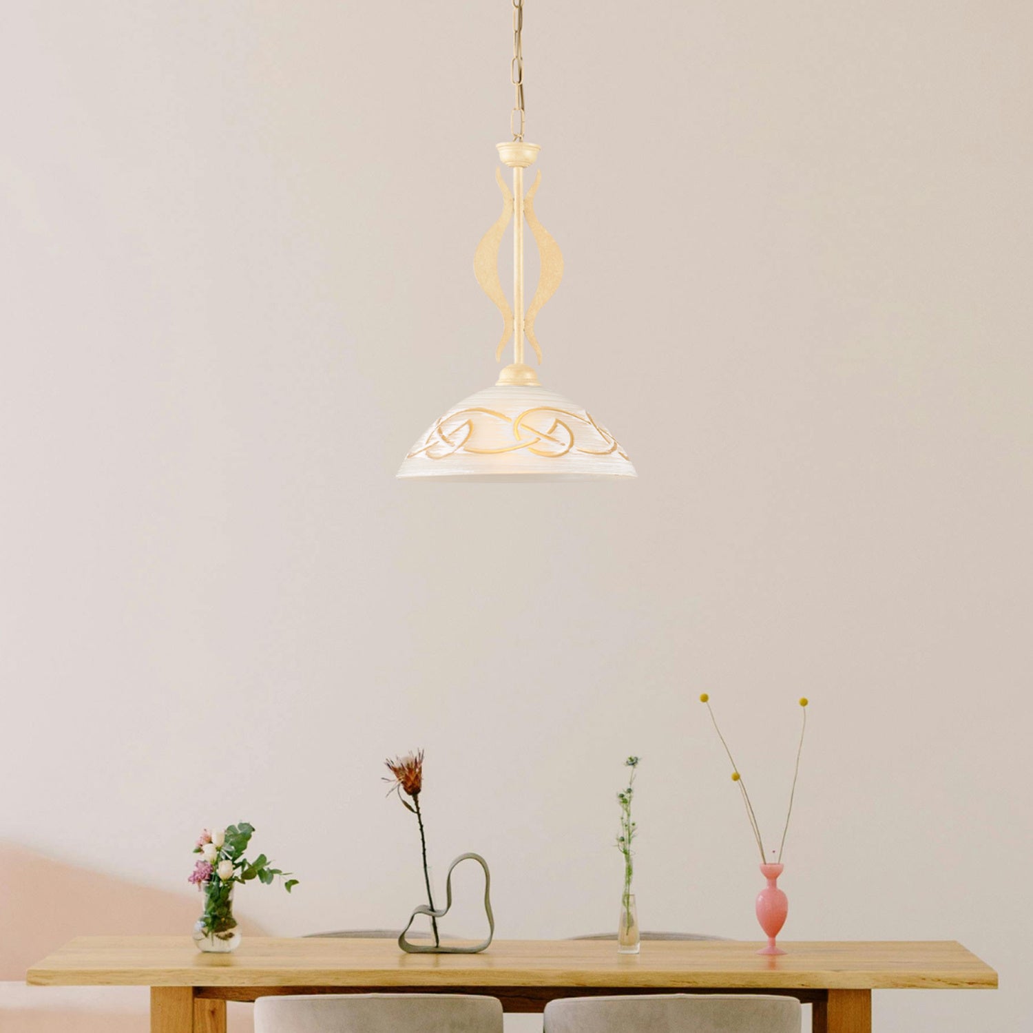 Sospensione 1 Luce Bilbao In Ferro Laccato Avorio E Vetro Bianco Ambra