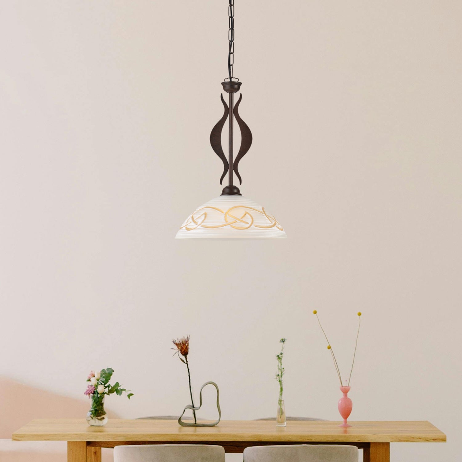 Sospensione 1 Luce Bilbao In Ferro Laccato Nero Ruggine E Vetro Bianco Ambra