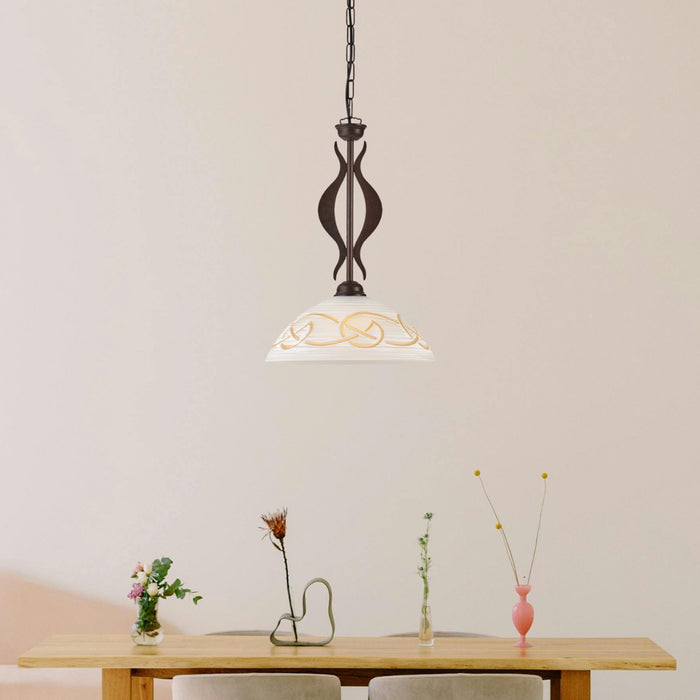 Sospensione 1 Luce Bilbao In Ferro Laccato Nero Ruggine E Vetro Bianco Ambra