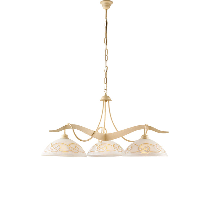 Sospensione 3 Luci Bilbao In Ferro Laccato Avorio E Vetro Bianco Ambra