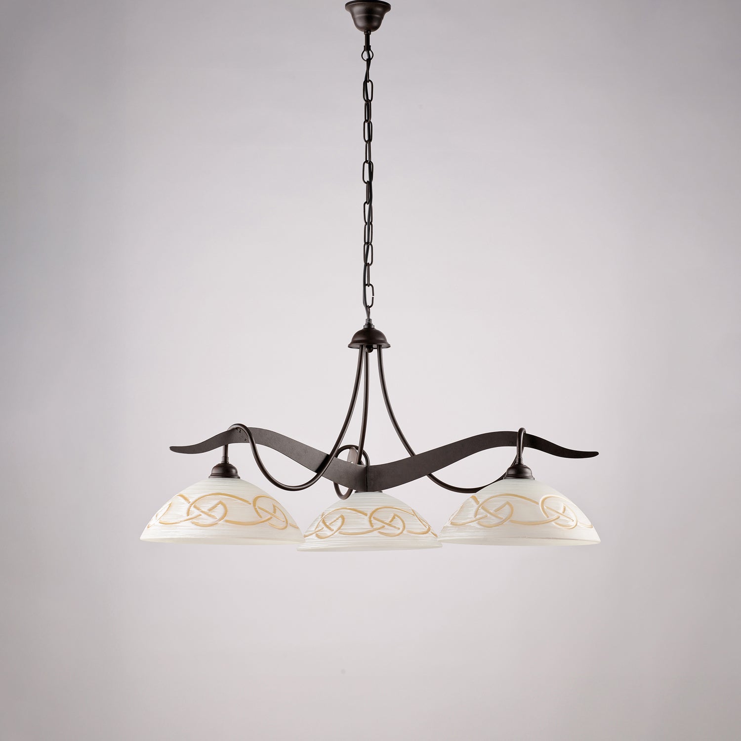 Sospensione 3 Luci Bilbao In Ferro Laccato Nero Ruggine E Vetro Bianco Ambra