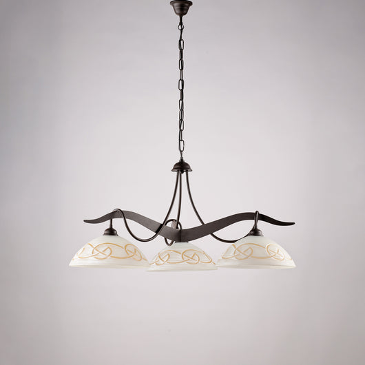 Sospensione 3 Luci Bilbao In Ferro Laccato Nero Ruggine E Vetro Bianco Ambra