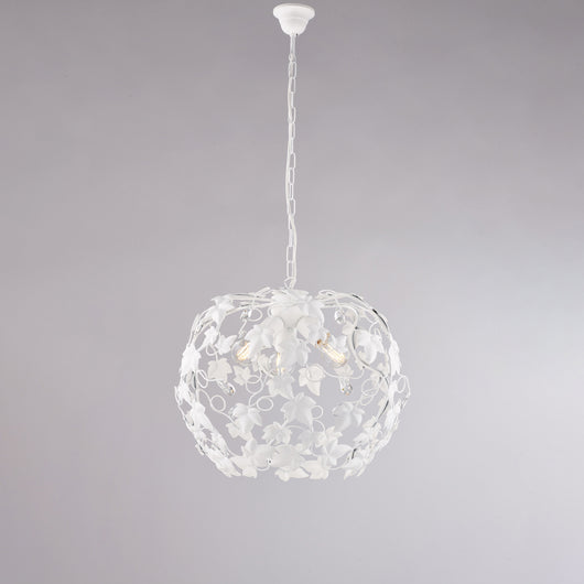 Lampadario Shabby Edera 3 Luci Ferro Battuto Bianco Con Foglie E Cristalli