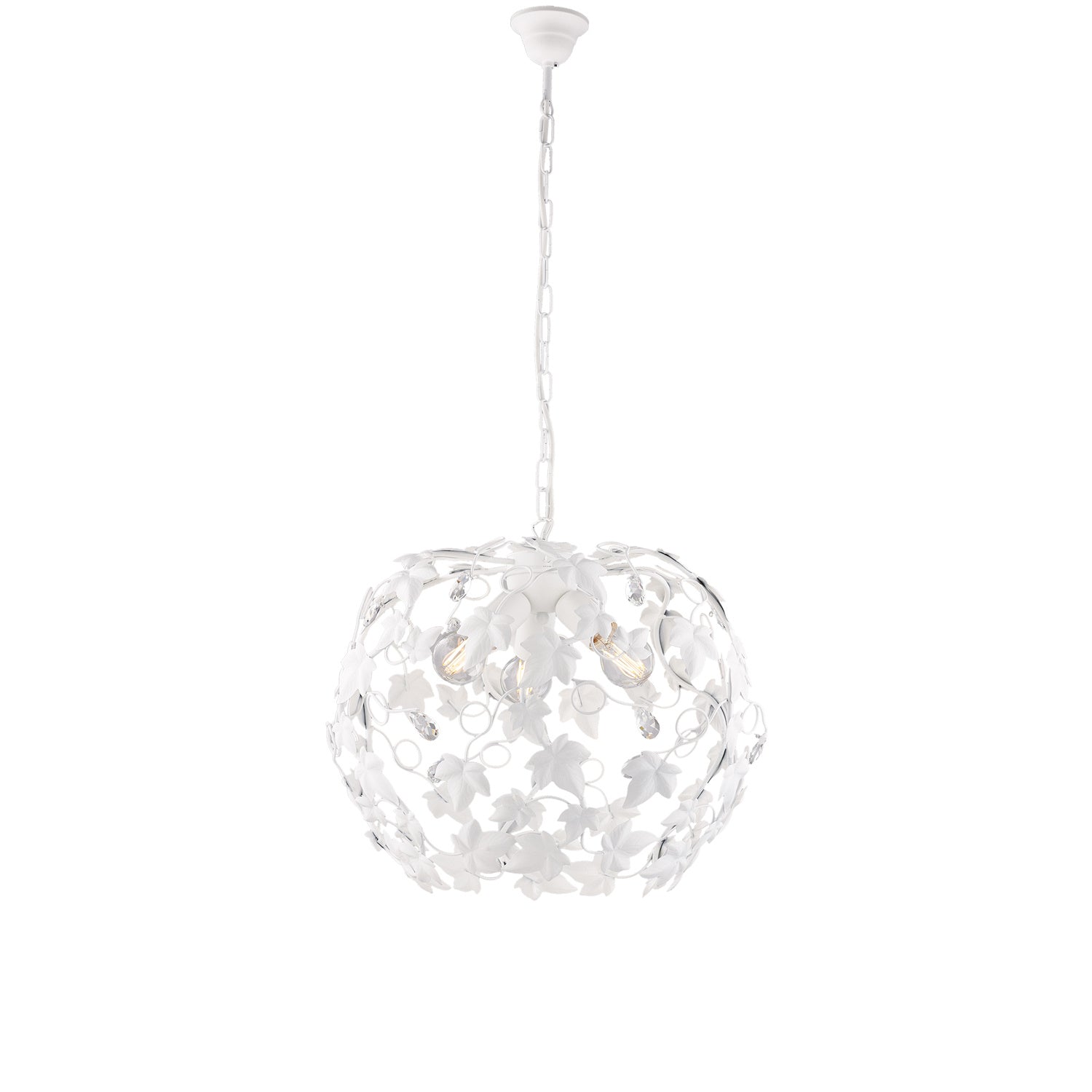 Lampadario Shabby Edera 3 Luci Ferro Battuto Bianco Con Foglie E Cristalli