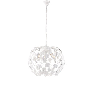 Lampadario Shabby Edera 3 Luci Ferro Battuto Bianco Con Foglie E Cristalli