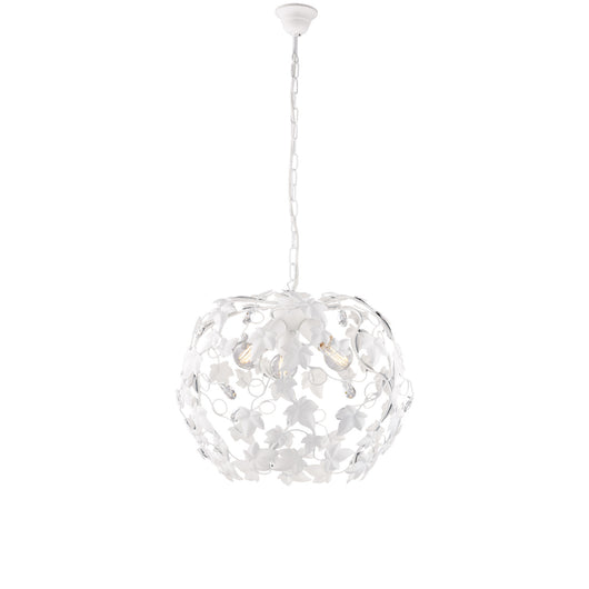 Lampadario Shabby Edera 3 Luci Ferro Battuto Bianco Con Foglie E Cristalli