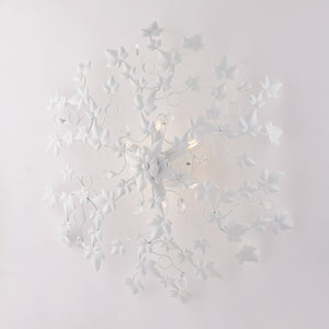 Plafoniera Shabby Edera 6 Luci Ferro Battuto Bianco Con Foglie E Cristalli