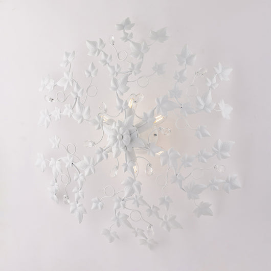 Plafoniera Shabby Edera 6 Luci Ferro Battuto Bianco Con Foglie E Cristalli