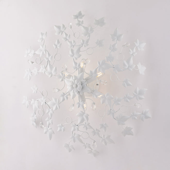 Plafoniera Shabby Edera 6 Luci Ferro Battuto Bianco Con Foglie E Cristalli