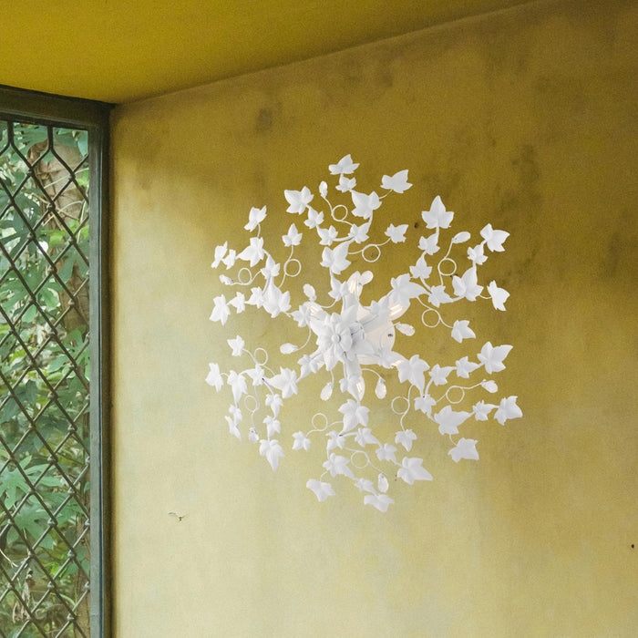 Plafoniera Shabby Edera 6 Luci Ferro Battuto Bianco Con Foglie E Cristalli