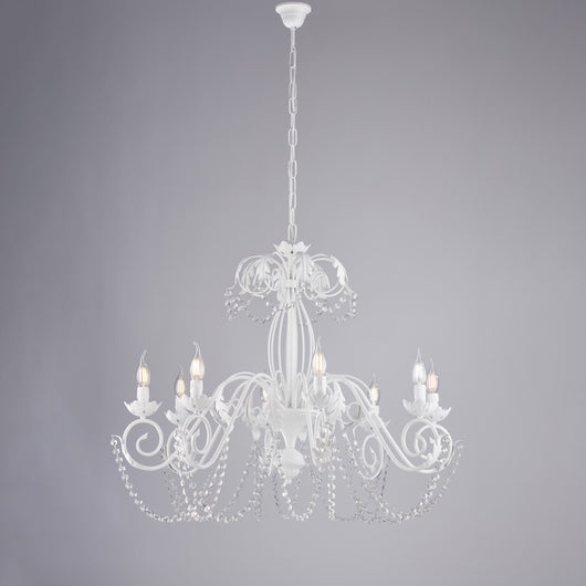 Lampadario Shabby Damasco 8 Luci Ferro Battuto Bianco E Cristalli