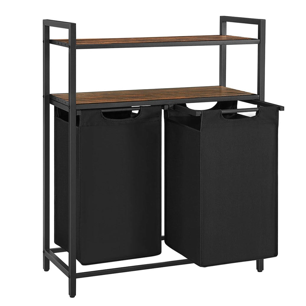 Cesto per la biancheria sporca a 2 scomparti con 2 ripiani portaoggetti sacchi estraibili volume di ogni sacco 46 litri per bagno lavanderia marrone 12_0006752