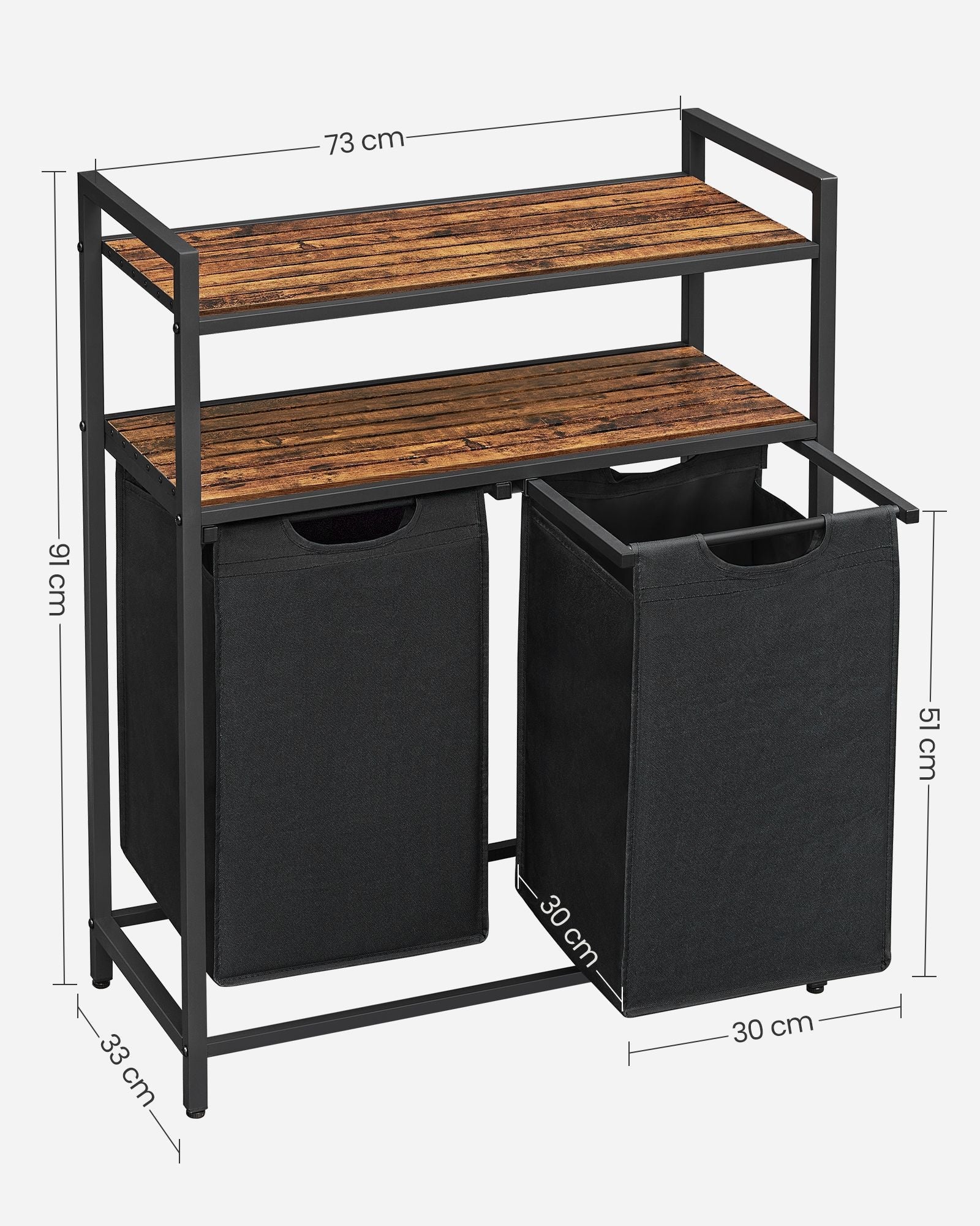 Cesto per la biancheria sporca a 2 scomparti con 2 ripiani portaoggetti sacchi estraibili volume di ogni sacco 46 litri per bagno lavanderia marrone 12_0006752