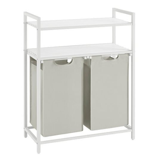 Cesto per la biancheria sporca 2 scomparti 2 ripiani portaoggetti sacchetti rimovibili capacità di ogni sacchetto: 46 litri per bagno lavanderia marrone rustico e nero 12_0006754