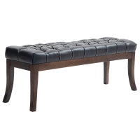 Panca Fondo Letto Imbottita con Design a Bottoni e Gambe Ricurve, in Pelle PU e Legno, 120x38x46 cm, Nero