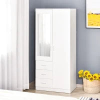 Armadio Moderno Guardaroba 2 Ante con Specchio e 3 Cassetti, Mensole Regolabili e Barra Appendiabiti, 80x50x180cm, Bianco