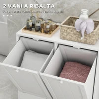 kleankin Mobile Portabiancheria con 2 Scomparti a Ribalta in Legno, 66x33x68cm, Bianco