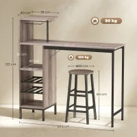 Set tavolo da bar 3 pezzi con ripiani, portabottiglie, portabicchieri e 2 sgabelli con poggiapiedi, Grigio