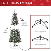 Albero di Natale Innevato Artificiale 150cm con Bacche Rosse e Pigne Bianche, Base Rimovibile Pieghevole, 408 Rami