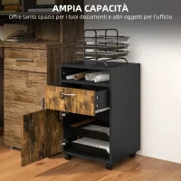 Cassettiera Portadocumenti con Cassetto e Ripiano, 4 Ruote, 40x35x60cm, Marrone e Nero