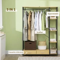 Appendiabiti in Stile Industriale con 2 Cassetti e 4 Ripiani Aperti in Dotazione, in Acciaio e Truciolato, 130x40x180cm, Color Legno e Nero